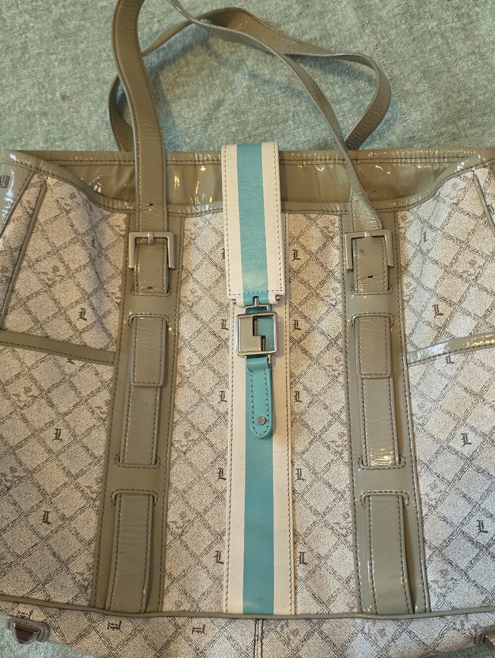 L.A.M.B. Gwen Stefani Taupe and Turquoise Stripe Leather Tote Bag GUC